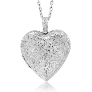 Locket Pendant Necklace Charm 1.5″ Engraved Flowers Heart Shape